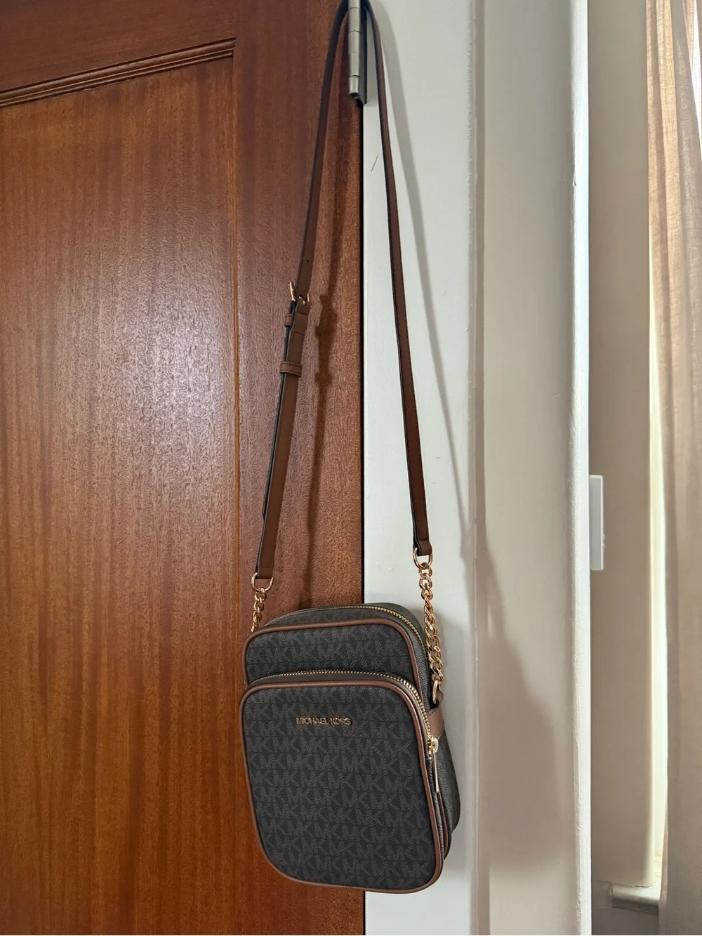 Michael Kors Brown MK Logo Crossbody Belt Bag with Gold Chain Strap